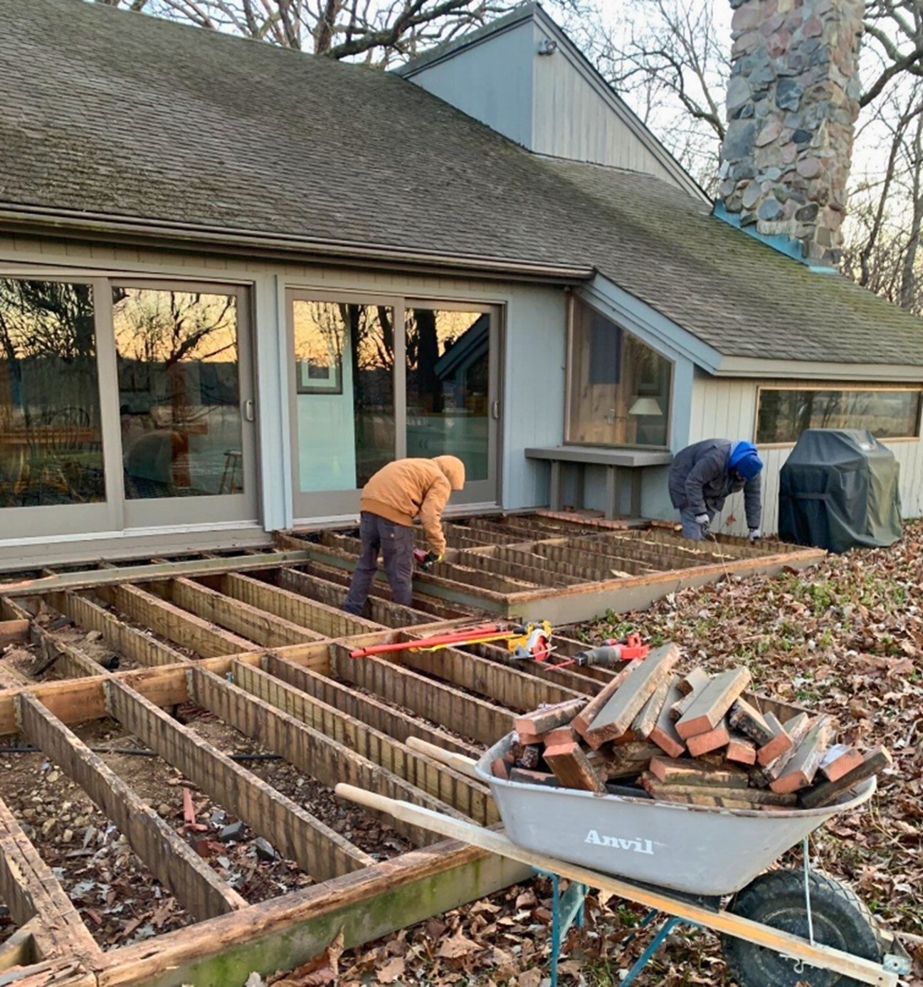 Archadeck crew building a TimberTech deck in the fall in Arlington Heights